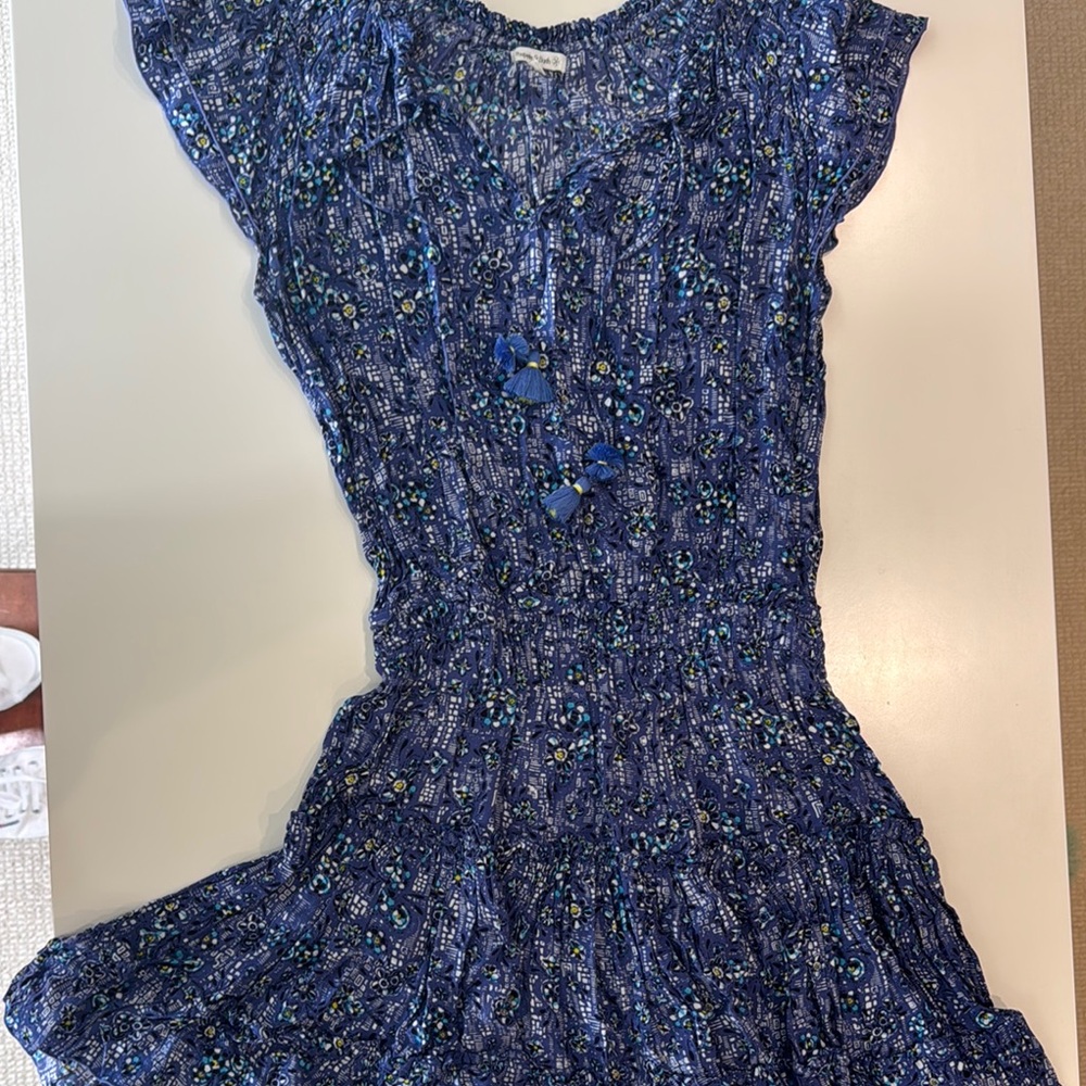 Poupette St. Barth Blue and Black Smocked Ruffled Sundress